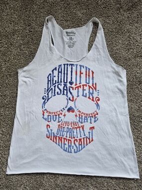 Rare Beautiful Disaster White Graphic Tank with Blue & Red Print